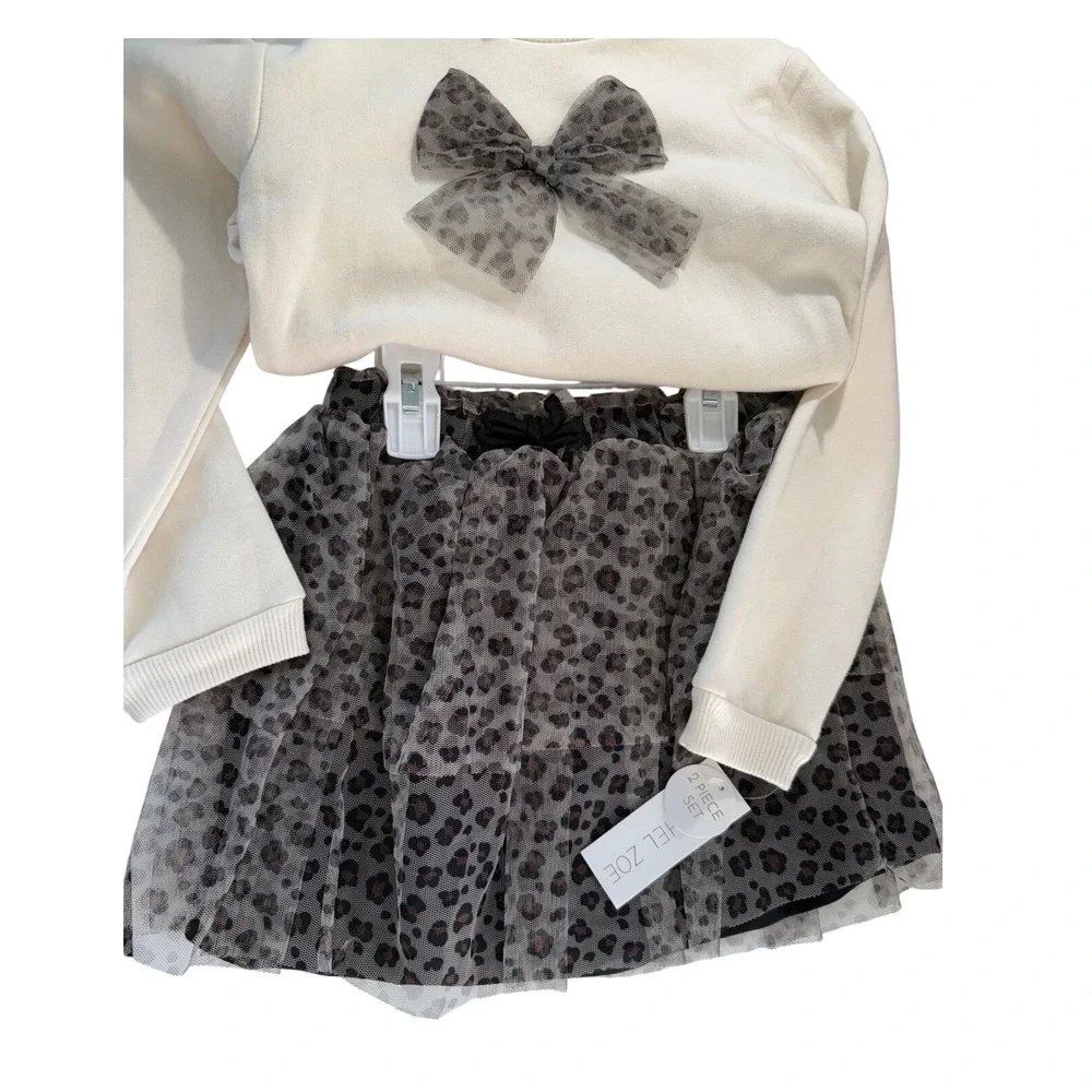 Rachel Zoe Kids Leopard Tutu Skirt‎ Cream Sweatshirt Set Coquette NWT 6X